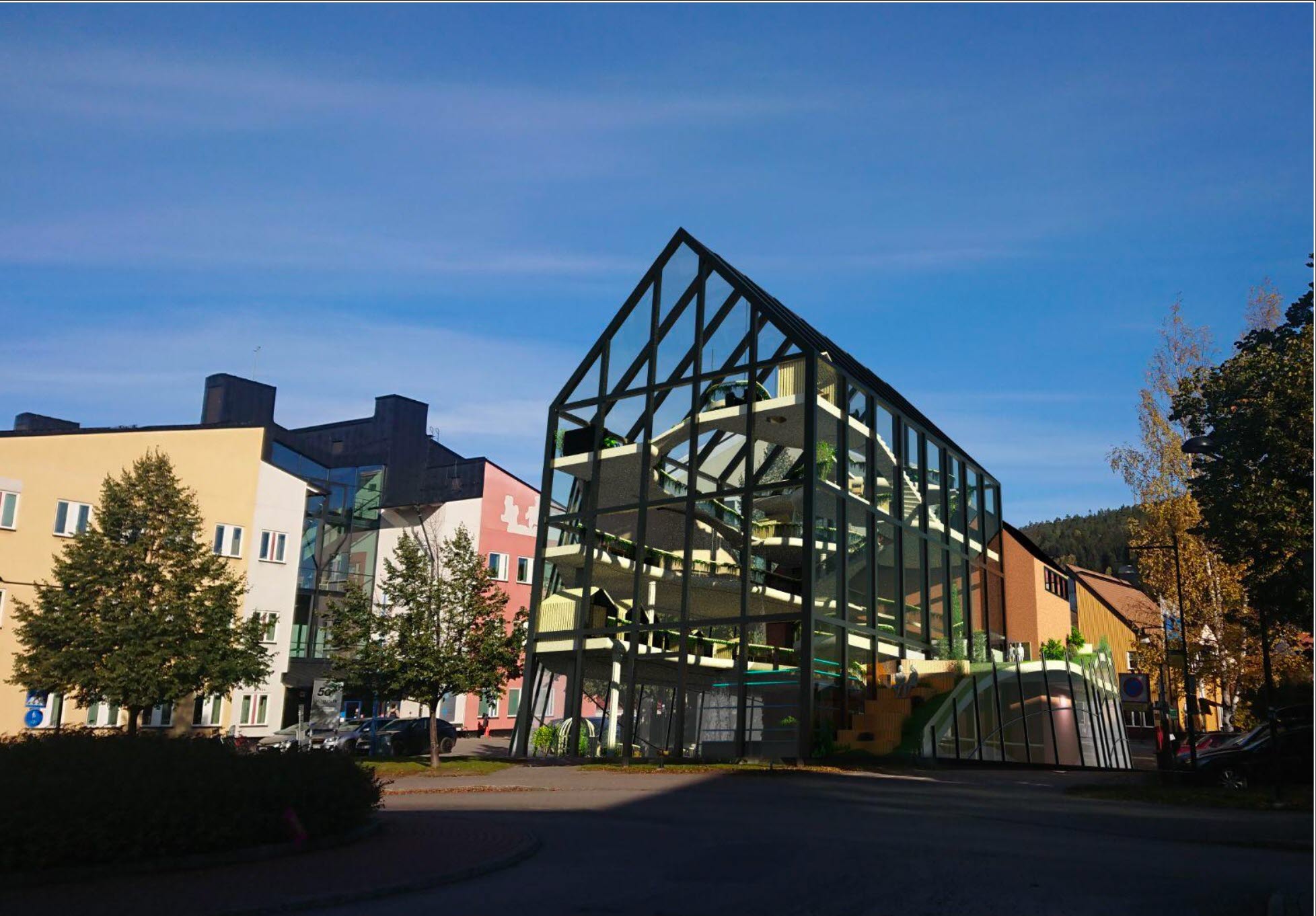 house of glass amongst other buildings